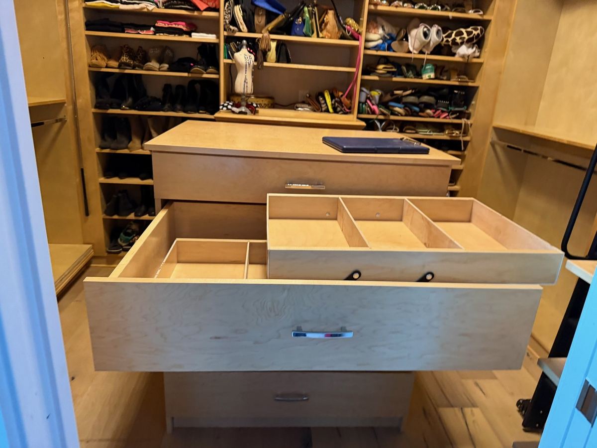 Birch island drawer with a divided insert, shown open