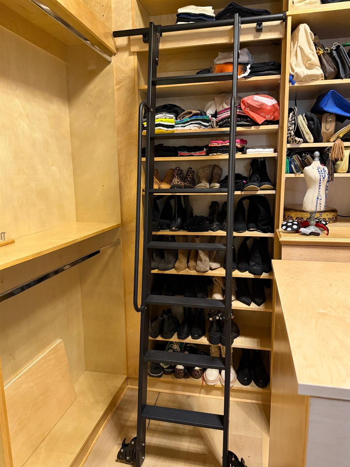 Birch walk-in closet with rolling ladder and shoe shelves