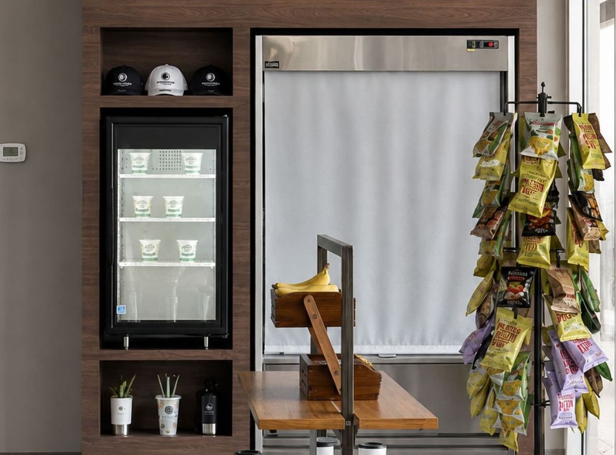 Custom coffee and wine bar in walnut with a glass door beverage fridge