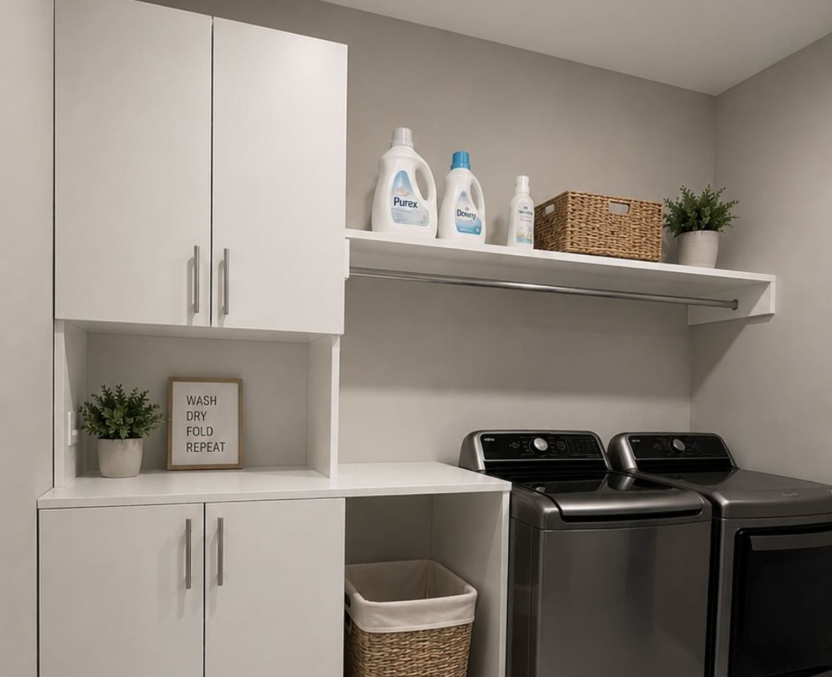 Custom laundry room with white cabinets, a folding counter and hamper storage