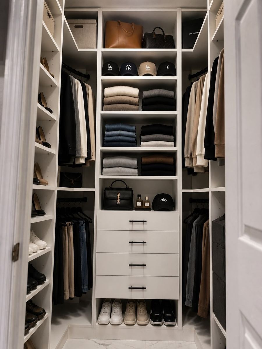 Reach-in closet styled with folded clothes, bags and shoes