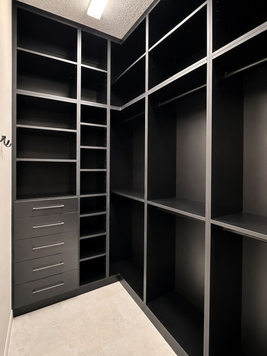 Matte black walk-in closet with pale interior shelving