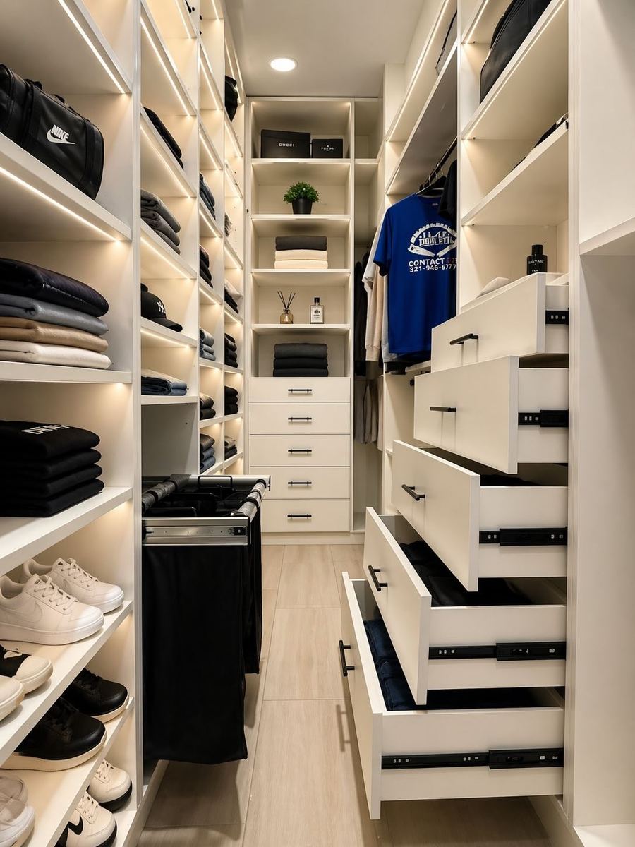 Walk-in closet styled with folded clothes and a full shoe wall